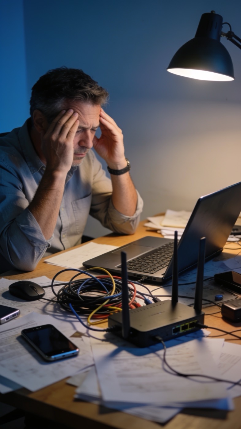 A business owner working through paperwork late at night