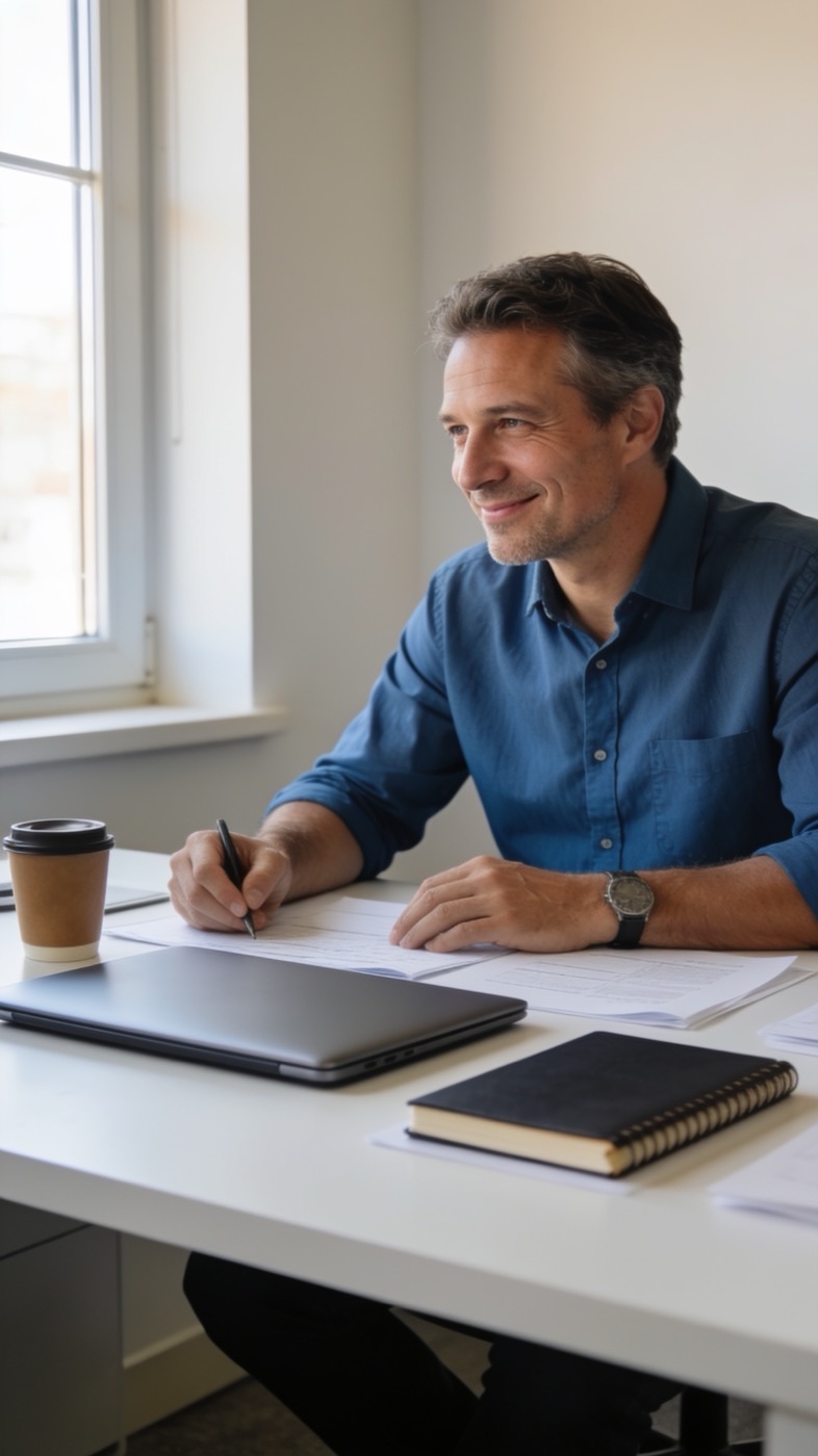 A focused business owner working calmly at a clean desk