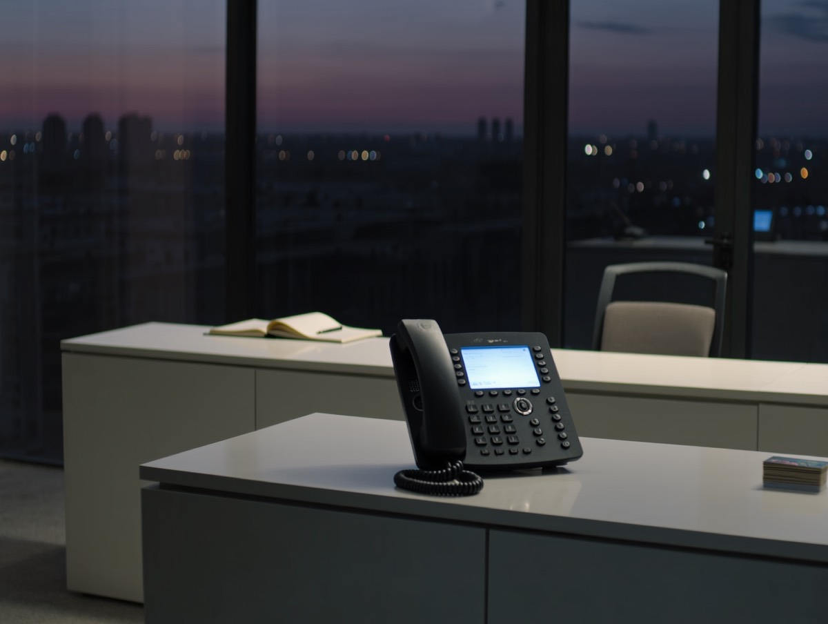 A reception desk phone glowing at dusk, ready to answer