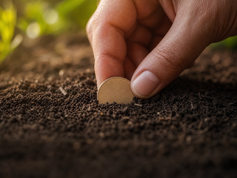 A hand pressing one coin deliberately into rich, dark soil
