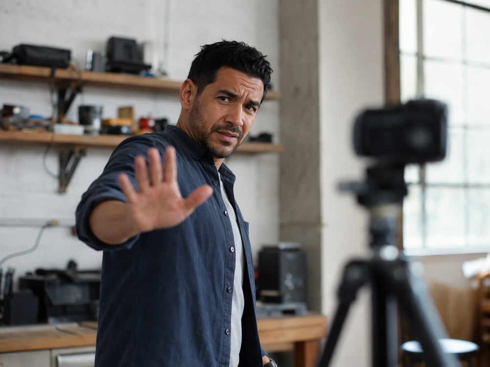A business owner waving off a camera on a tripod, too busy to film