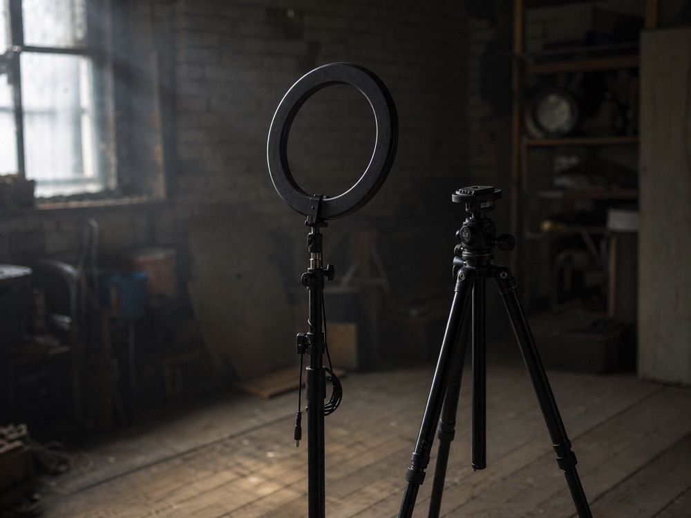 An unlit ring light and empty tripod gathering dust