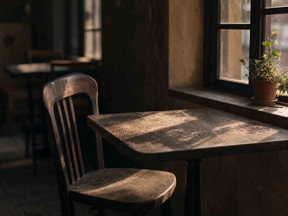 A regular's usual seat sitting empty near a sunlit window