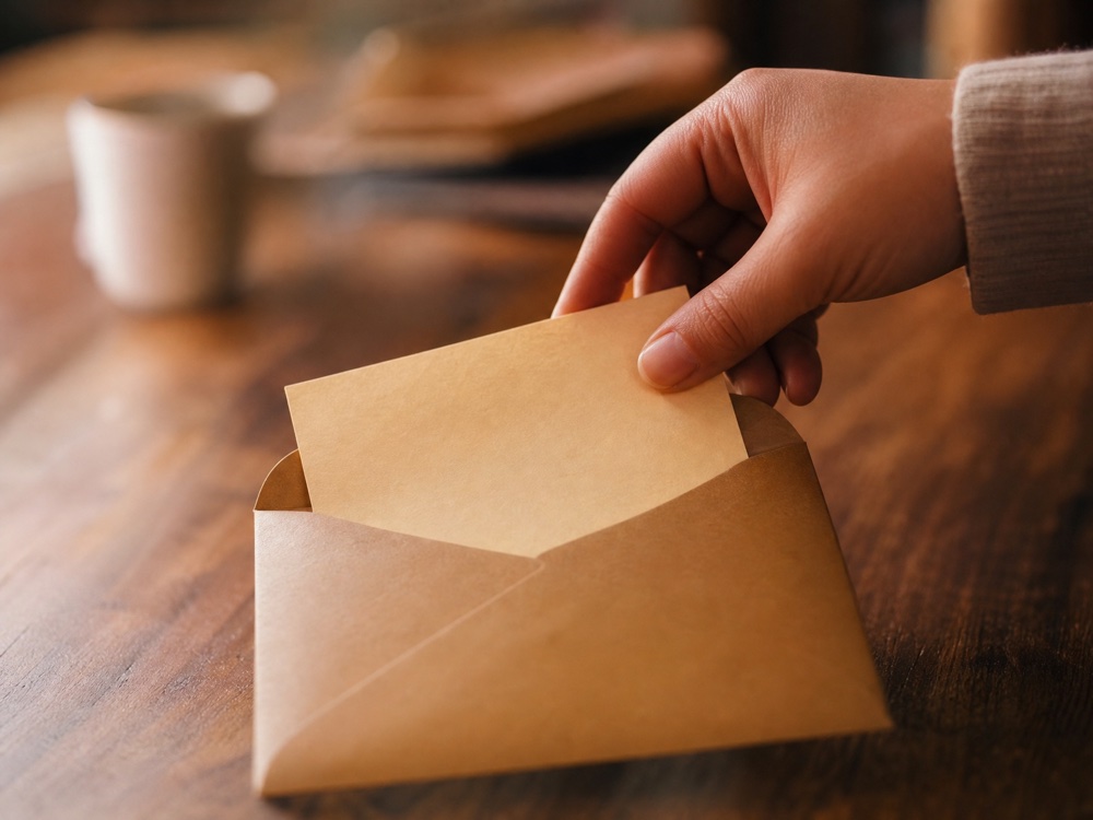 A hand sliding a warm, handwritten note into an envelope