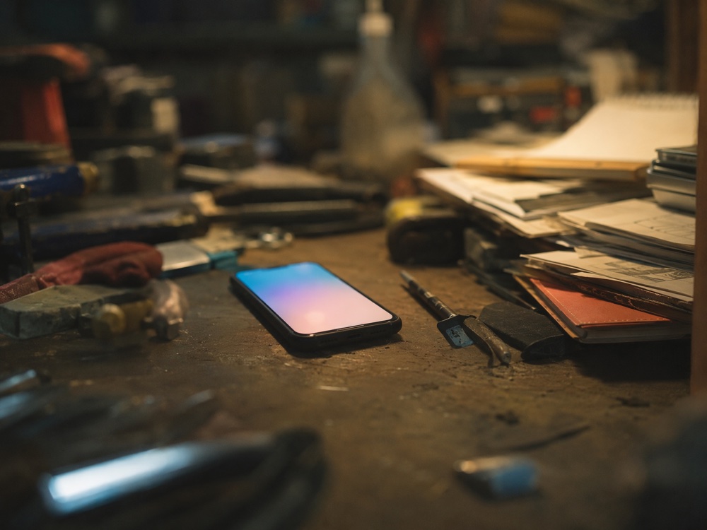 A phone buzzing, unanswered, on a busy counter