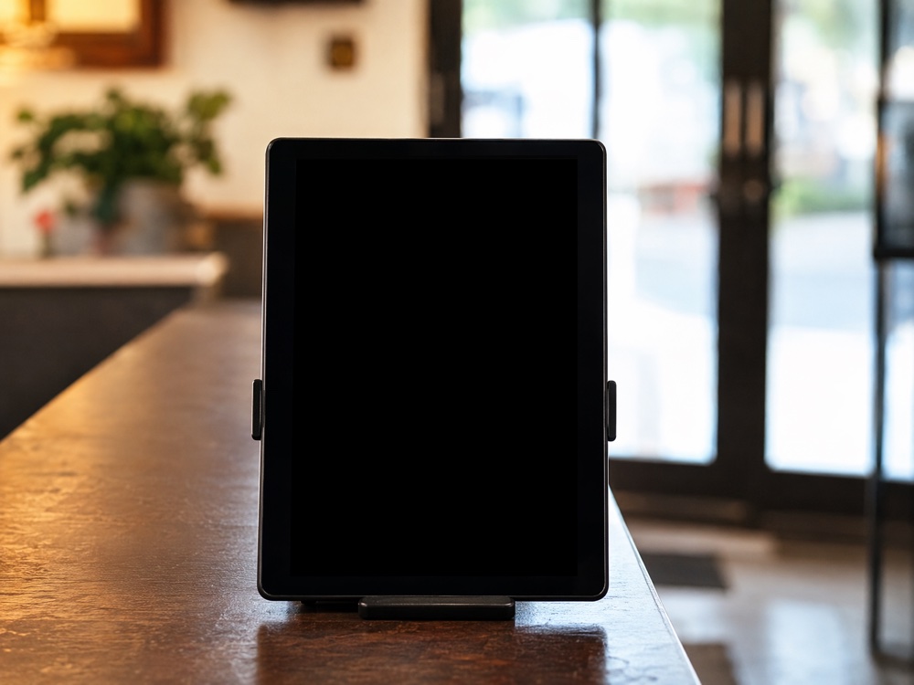 A small tablet propped on the counter, screen dark and unused