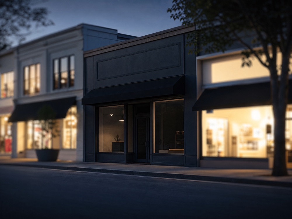 A single dim storefront lost among brighter, busier shops
