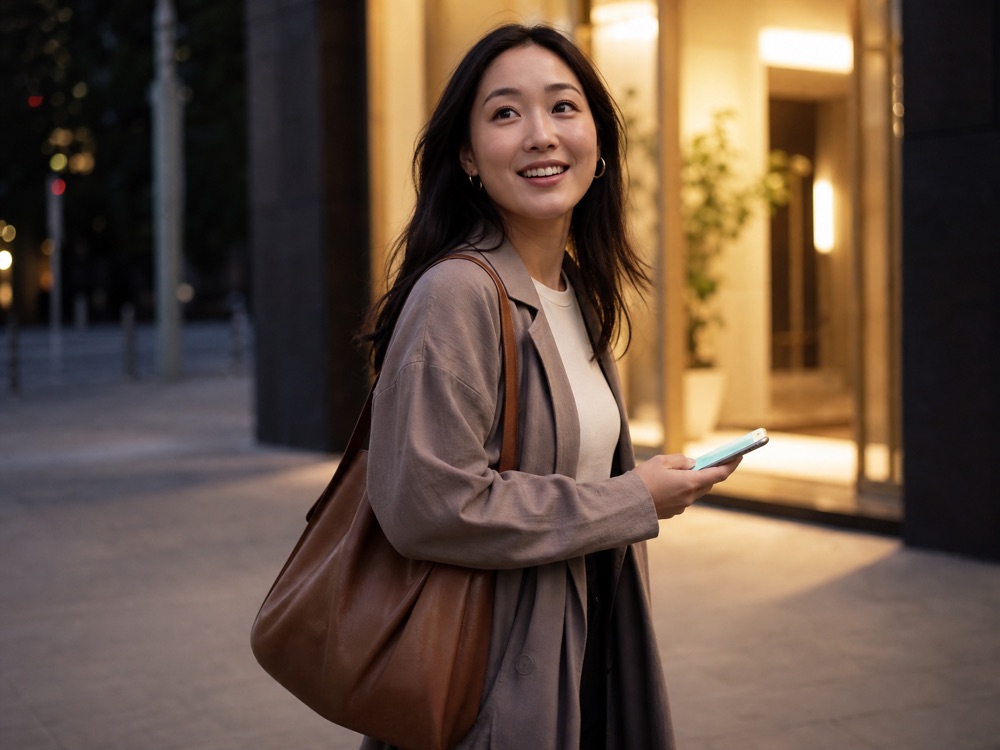 A customer looking up from her phone at your now-glowing storefront