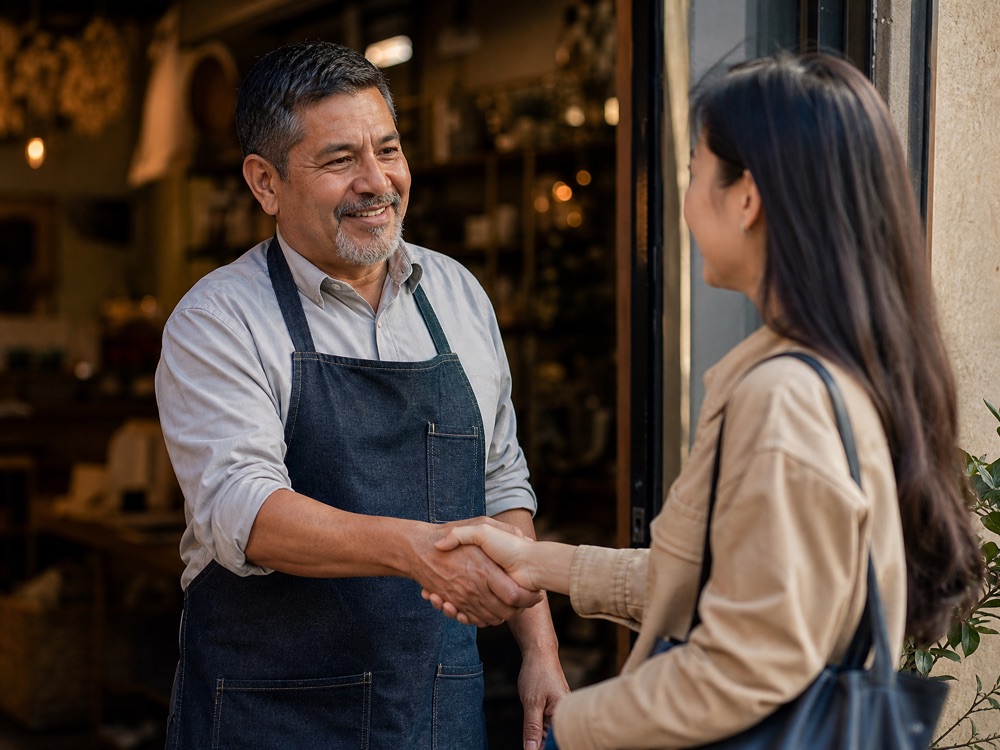 The owner welcoming that customer at the door