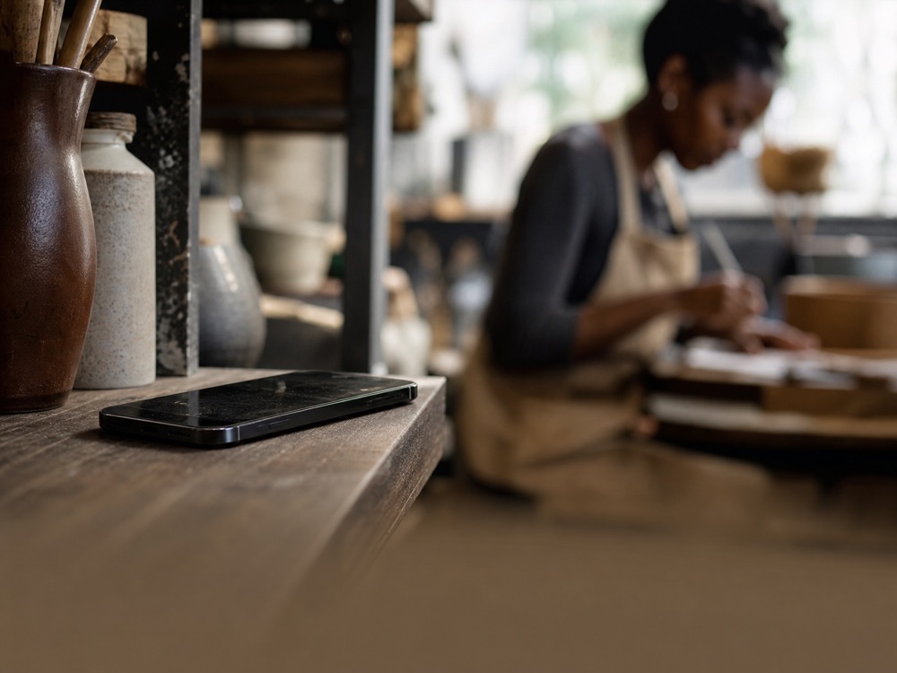 An owner absorbed in hands-on work, phone untouched on a shelf
